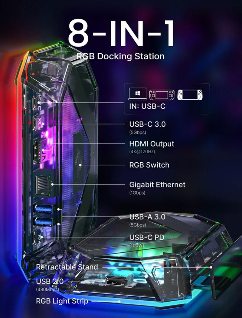 JSAUX Portable USB Powered 8 Port RGB Docking Station - HB0801S - Clear Black