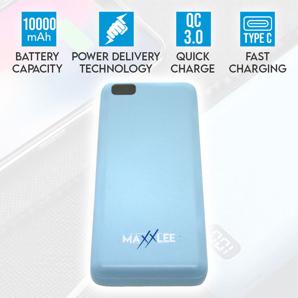 Maxxlee 10000mAh Power Bank Portable 18W PD Type C QC 3.0 Dual USB Fast Charging Blue