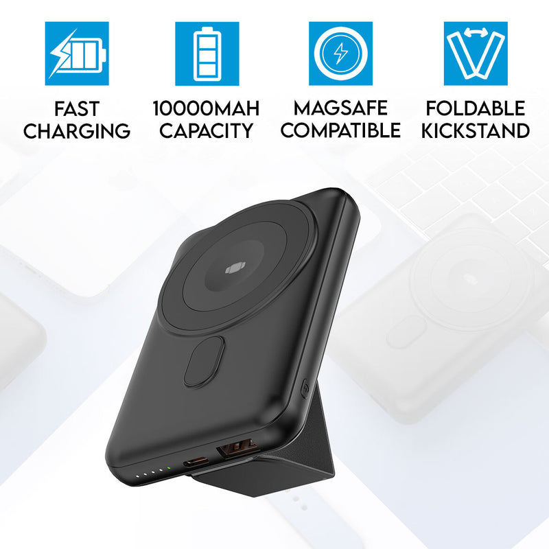 Magnetic Portable Fast Charging Qi Wireless 10000mAh Magsafe & Qi-Enabled Smartphones Compatible Power Bank with Kickstand