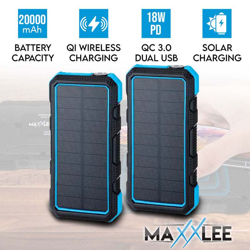 Maxxlee 2x BLUE 20000mAh Qi Wireless Charger Solar Power Bank 18W PD Type C QC3.0 Dual USB Fast Charging