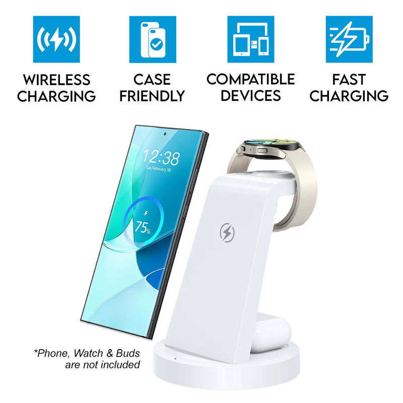 3 in 1 Wireless Charging Station for Android Samsung S24 Ultra S23 S22 S21 S20 Note 20 10 Z Fold Galaxy Watch Buds White